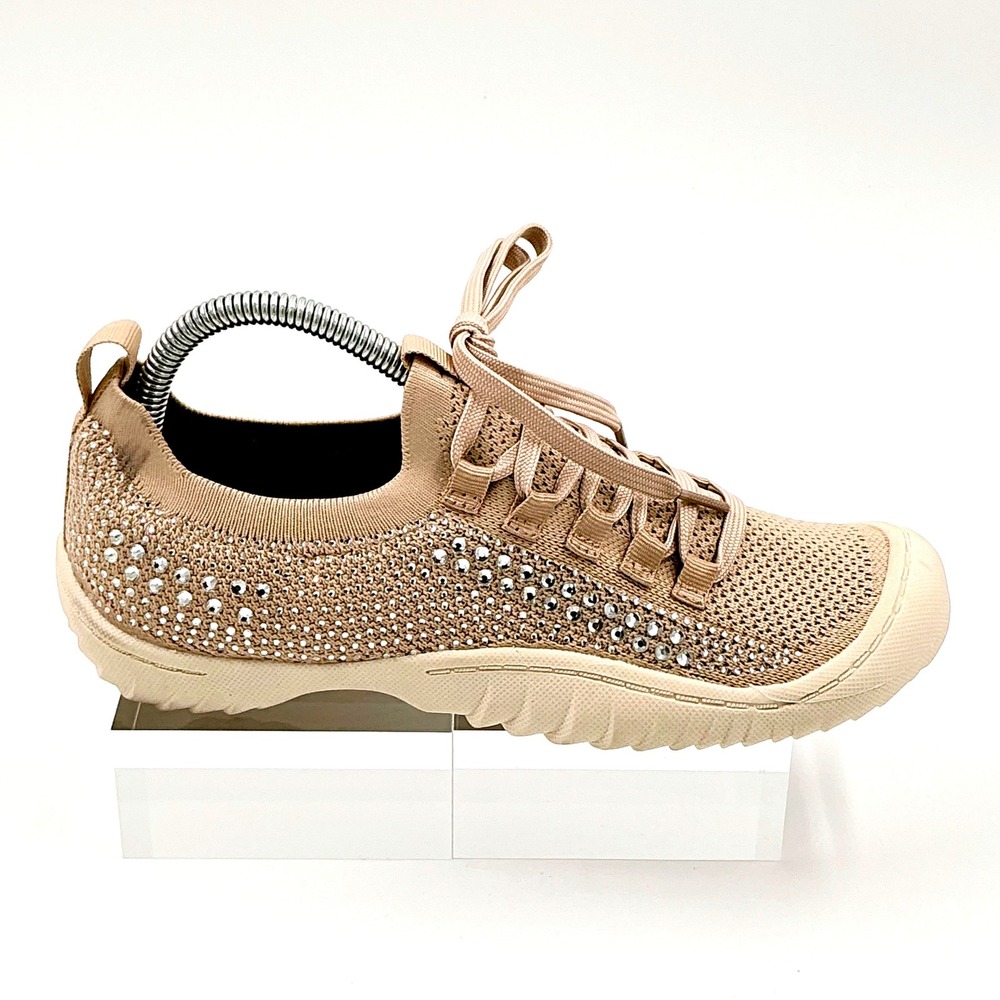 JBU Women Size 8 Tan Rhinestone Knit Lace Up Comfort Sneakers NEW Brittney $75